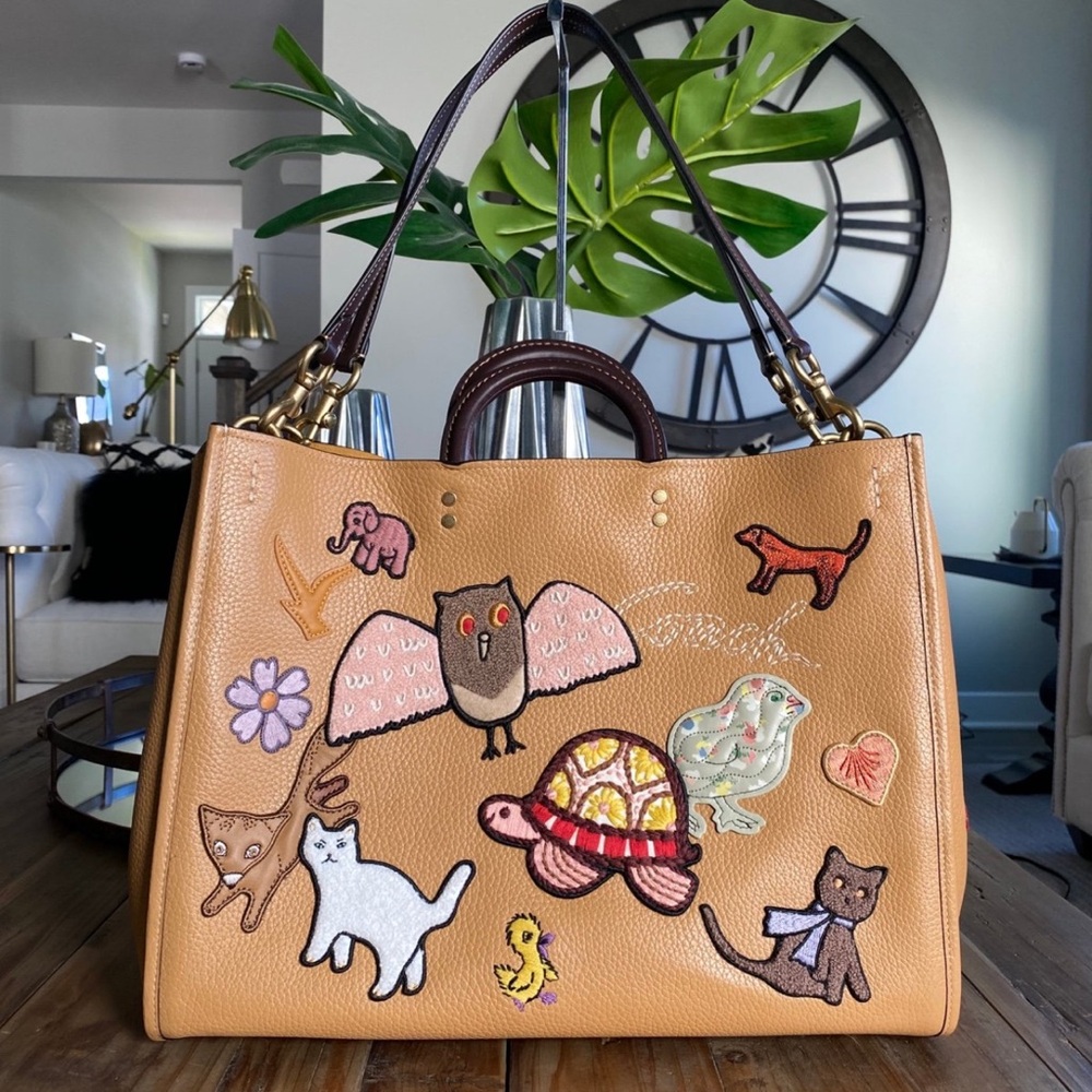 Coach Rouge 39 Tan Tote with Animal Creature Patches: Owl Turtle Cat Mushroom - Picture 8 of 14